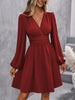 Dresses Woman Clothing V Neck Lantern Sleeve Wrap Mini Dress Ruched Waist Flowy Hem Elegant for Autumn and Party Styles