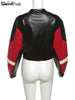 Zip Women Varsity Jacket Faux Leather Patchwork Cinched Waist Autumn Wild Street Hipster Uniform Crop Coat
