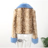 Deer Print Faux Fur Cropped Jackets Women Blue Contrast Lapel Cuff Button Fluffy Warm Short Coat Lady Winter Street Outwear