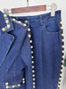 High Street Runway Designer Suit Set Women's Career Style Single Button Washed Denim Beaded Blazer Long Pants Suit