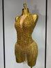 Women Sexy See Through Stretch Bodysuits Birthday Dress Dancer Performance Wear Mesh Rhinestone Nightclub Hotwife Outfit