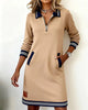 Autumn Winter Versatile Women's Dress Casual Contrasting Color Splicing Lapel Long-sleeved Loose Dress With Pockets