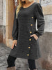 Elegant Plus Size Women's Dress Autumn Winter, Round Neck Long Sleeve Button Pocket Dress