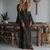 Deep V Neck Embroidery Lace Woman Dress Spring Hollow Out High Waist Crochet Dresses Autumn Flare Sleeve Jacquard Long Dress
