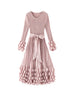 Solid Color Bubble Pleated Women ’s Dress Round Neck Long Sleeve Beaded Waist Pink Dress Spring 2DB7194