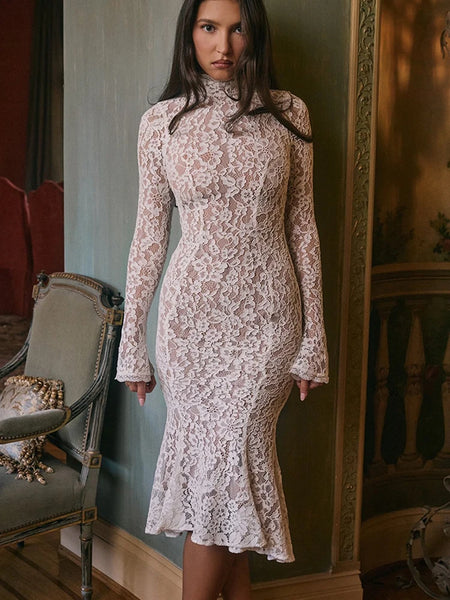 Sexy See Through Lace Women Midi Dress White Long Sleeve Turtleneck Dress Female Winter Skinny Elegant Party Clubwear