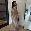 Striped Long Pants Set Color Block Turn Down Collar Three Quarter Sleeve Shirt Wide Leg Bottoms Casual Chic Women Outfits