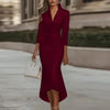 Elegant Office Lady Dress V Neck Long Sleeve Bodycon Dresses For Women Satin Midi Dress Women Party Dresses