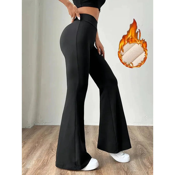 Ultra-Thick Lambswool Warm Leggings Woman Lift Hips High Waist Slim Wide Leg Tights Female Winter Thermal Black Flared Pants