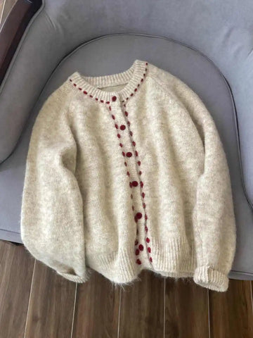 French Style Vintage Sweater Coats Women Spring/Autumn O-Neck Single Breasted Knitted Cardigans Chic Contrast Color Tops