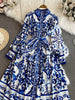 Spring Autumn Retro Palace Long Sleeved Standing Neck Waist Slim Appearance Single woman Breasted A-line Celadon Print Dress