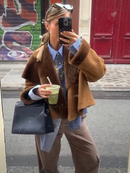 Vintage Brown Faux Fur Lapel Collar Cropped Jacket Women Long Sleeve Loose Coat Autumn Lady Casual Streetwear
