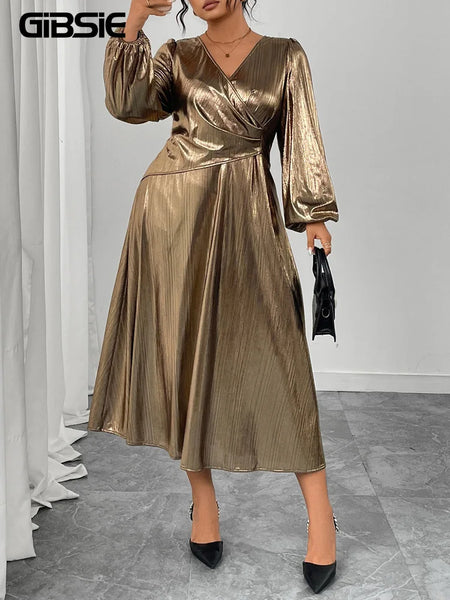 Plus Size Surplice Neck Long Sleeve Elegant Party A-Line Dress Autumn Women's High Waist Slim Maxi Long Dresses