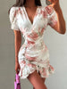 Women Sexy Flora Painted Ruffle Slim Dress Chic Deep V-neck Double Layered Ruffled Hem Dresses Lady Daily Party Gowns