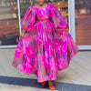 Elegant Plus Size Women's Maxi Dresses Floral Print Chiffon Puff Sleeve Round Neck Loose Ankle Length Boho Party Long Dresses