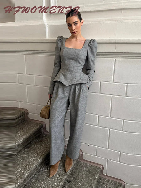 Elegant Woolen Top Pants Women Sets Chic Long Sleeve Slash Neck Pleated Blouse Straight Trousers Autumn Winter Lady Suit
