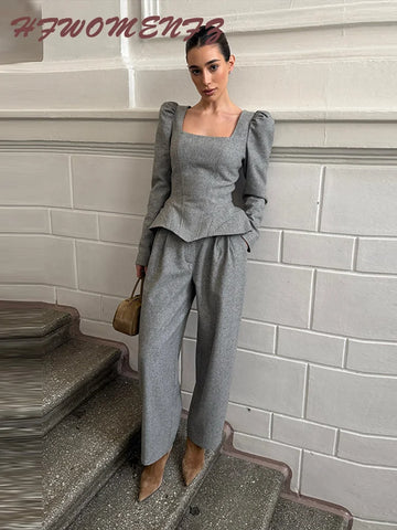 Elegant Woolen Top Pants Women Sets Chic Long Sleeve Slash Neck Pleated Blouse Straight Trousers Autumn Winter Lady Suit