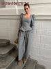 Elegant Woolen Top Pants Women Sets Chic Long Sleeve Slash Neck Pleated Blouse Straight Trousers Autumn Winter Lady Suit