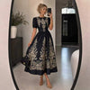 Women Vintage Gold Floral Print Maxi Dress Short Puff Sleeve Belted Elegant Party Long Dress