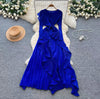 Women's French-Style Dress for Autumn - Ruffled, Pleated, Ruched, Asymmetrical with Tie Waist, Elegant Design