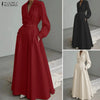 Women Autumn OL Work Dress Elegant Lapel Long Sleeve Office Dresses Solid Belted Robe Stylish A Line Party Vestidos