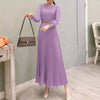 Elegant Women Pleated Dress Classy Smocked Cuffs Long Sleeve O Neck Fit and Flare Long Vestidos Commute Solid Party Robes