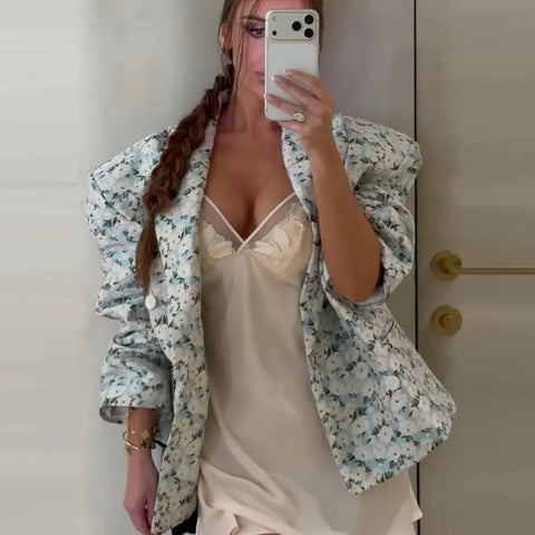 Floral Print Women Blazer Jackets Loose Long Sleeve Pocket Suit Jacket Y2K Streetwear Vintage Casual Outerwear Autumn Outfit