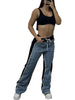 Women Straight Drawstring Waist Wide Leg Pants Jeans Denim Patchwork Sporty Holiday Jogger Sweatpants Trousers