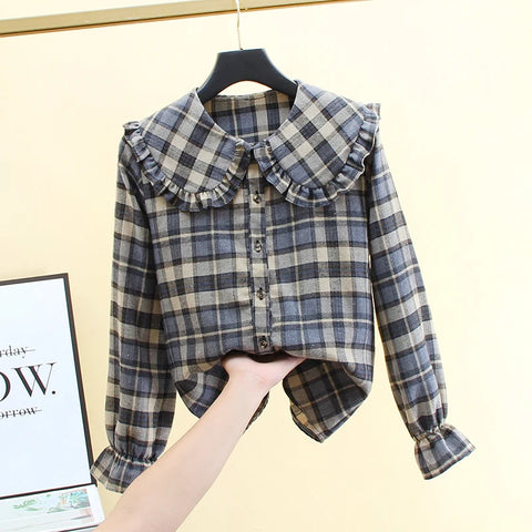 French Style Plaid Shirt Women Spring Cotton Chic Peter Pan Collar Single Breasted Loose Top Long Sleeved Jacket