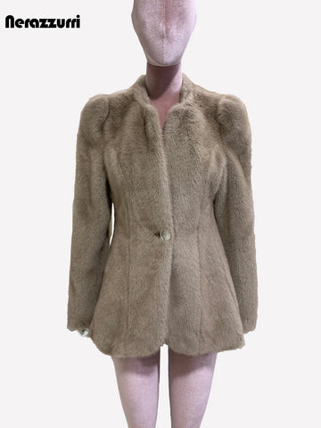 Autumn Winter Elegant Chic Short Fitted Faux Fur Blazer Women Single Button Puff Sleeve Fluffy Jacket