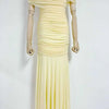 Women Ruched Maxi Dress Asymmetric Draped Sleeve High Neck Bodycon Mermaid Formal Evening Party Gown