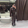 Leather Women's Pants Sets Chic Laple Single Breasted Long Sleeve Jackets Elastic Waist Straight Pants Suit Lady Outfits