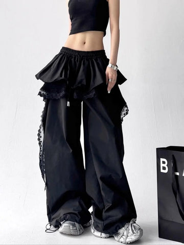 Black Cargo Pants Women Streetwear Lace Patchwork White Wide Leg Pant Autumn Gyaru Harajuku Korean Baggy Trousers Cake Skirt