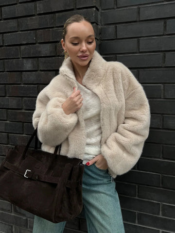 Women's Faux Fur Jacket Zipper Warm Plush Coat Oversized Soft Fluffy Stand Up Collar Autumn Winter Casual Jacket