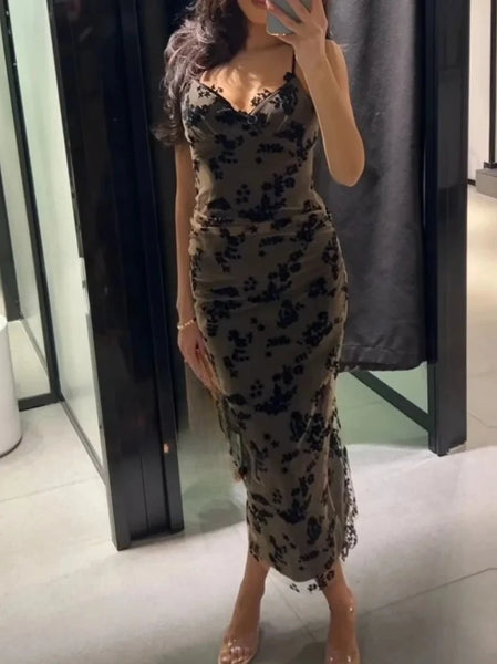 Jacquard Vintage V-neck Dress for Women Autumn Women Temperament Sling Slim Long Dress Female Bodycon Dress