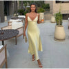Solid Color Satin Bustier Women Maxi Dress Yellow Spaghetti Strap V Neck Waist-cinching Dresses Party Vestidos