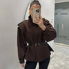 Women's Chic Waist-cinching Short Trench Coat Solid Long Sleeve Shoulder Pad Cropped Jackets Autumn Street Commute Outwear