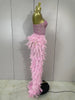Stock Women Sexy Sparkly Rhinestone Mesh Feather Long Dress Elegant Evening Party Celebrate Birthday Performance Costume