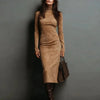 Retro Solid Suede Slim Fit Long Dresses Woman Fall Turtleneck High Waist Party Dress Winter Long Sleeve Pullover Female Clothing