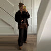 Brown V-Neck Knit Shirt Pants Set Women Solid Long Sleeve Top Empire Straight Loose Trousers Lady Spring Suit