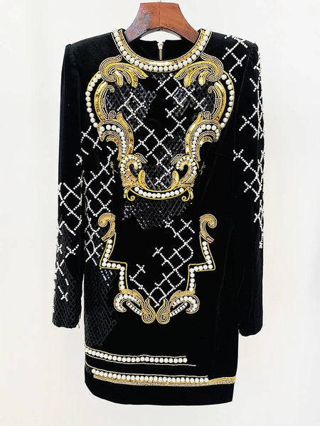 High Street F/W Designer Runway Women's Long Sleeve Sequined Pearls Beaded Velvet Dress