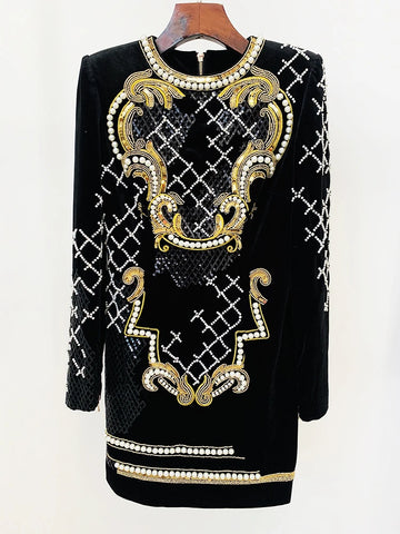 High Street F/W Designer Runway Women's Long Sleeve Sequined Pearls Beaded Velvet Dress