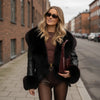 Black Fur Collar Leather Jacket Women Chic Solid Full Sleeves Waist Cinching V-neck Short Coat Lady High Street Outerwear