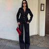 Black Denim Pant Sets Women's Two Pieces Set Slim Long Sleeve Shirt 2 Piece Sets Woman Outfit High Waist Flare Trousers Set