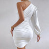 Irregular One Shoulder Short Dresses Women Loose Sleeves Diagonal Collar Chic Design Dress Autumn Sexy Wrap Hip Ruched Dress