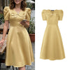 Women's Elegant Satin Silk Party Dress Puff Sleeve V-Neck Bow A-Line Midi Dresses Wedding Guest Cocktail Robes Femme
