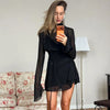 Black Sheer Long Sleeve Dress Women Pleated Patchwork Short Dresses Cocktail Party Sexy See Through Dress