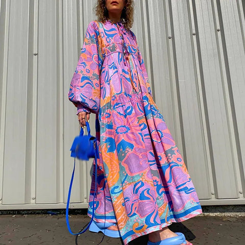 Autumn Boho Holiday Pleated Dress Women Floral Print Lace-Up Maxi Dress Casual Vintage Lantern Sleeve Loose A-Line Dress