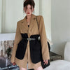 Original Design Blazer Women Loose Spliced Pocket Korean Shrug Notched Single Breasted Blazer Mujer Femal with Belt