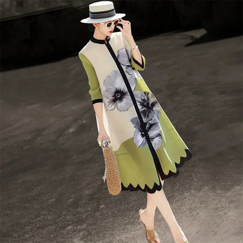 Woman Clothes Cardigan Temperament Retro Cashew Flower Print Single-breasted Dress Loose Pleated Five-point sleeve Dress